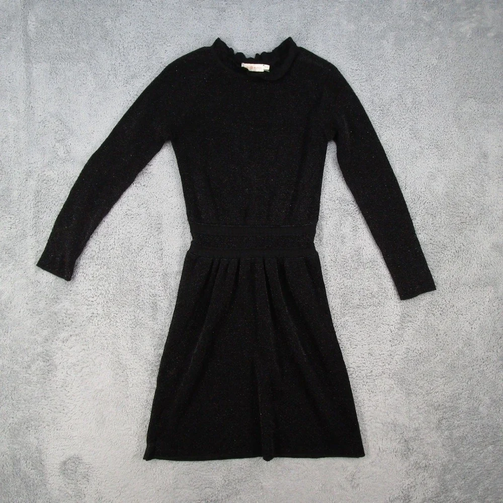 Tory Burch Black Metallic Knit Dress Ruffle Neck Long Sleeve Wool Blend XS 31060